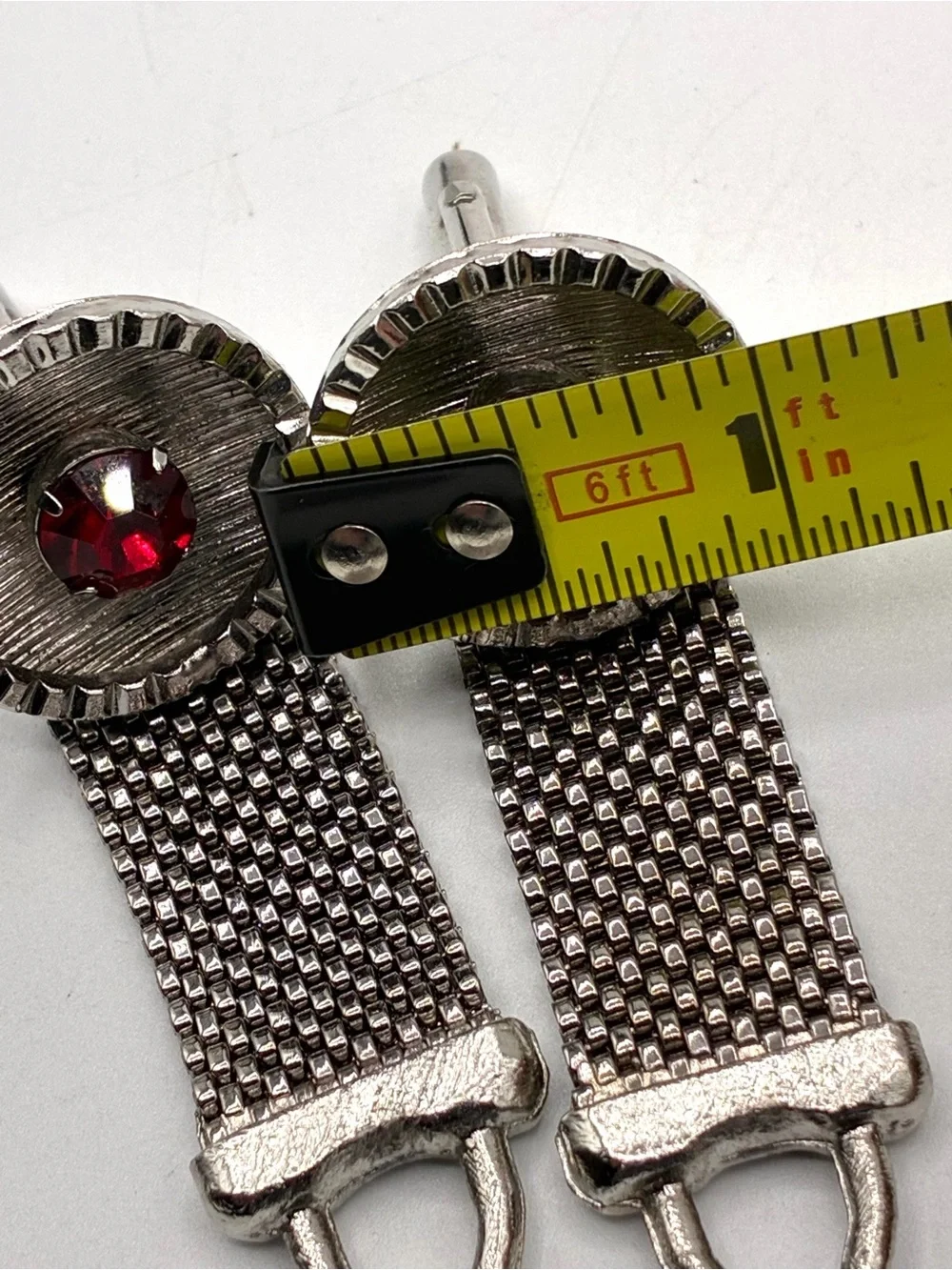 Vintage Silver Tone Mesh Cufflinks Red Rhinestone Wrap Around Formal